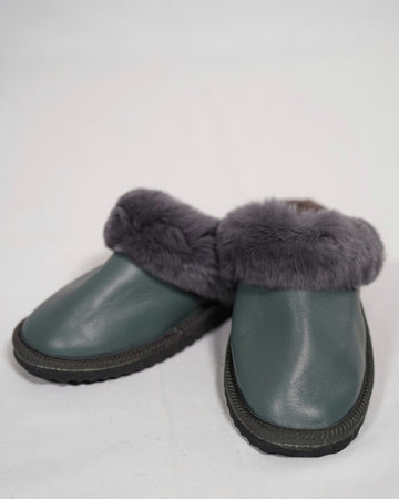 Green Fur Leather & Sheepskin Slippers with purple fur on top